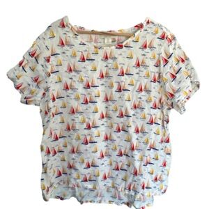 Cynthia Rowley Blouse Womens 1X Plus 100% Linen Short Sleeve Sail Boat Beachy